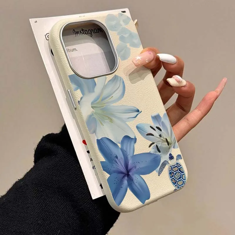 Xiaomi Redmi Note 14 - エレガントな青いユリ柄のファッションスマホケース Redmi 11 12 13 14