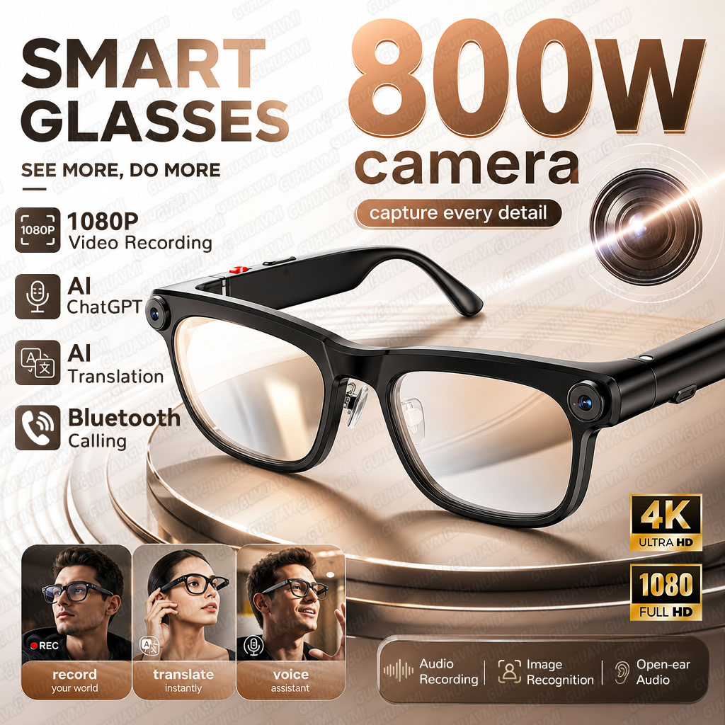 Smart Glasses Lens - 8MPカメラ搭載、4K HDビデオ録画機能付き、リアルタイム翻訳、ChatGPT対応、通話機能付きの最新AIスマートグラス。