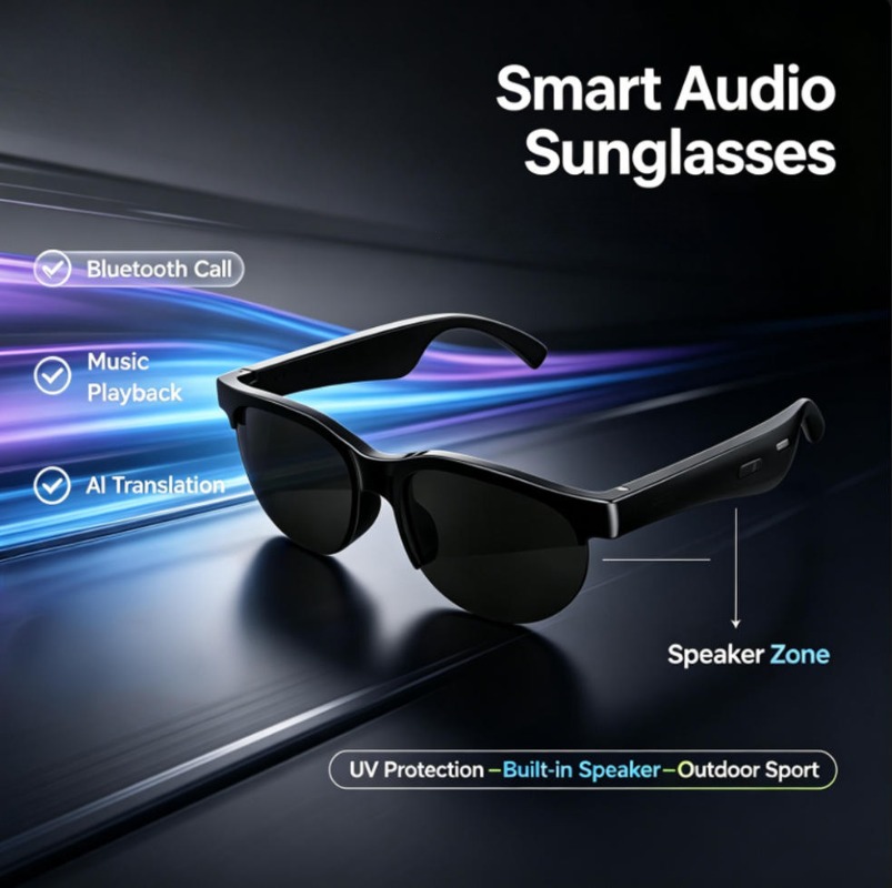 Smart Glasses Lens - スマートオーディオサングラス ブルートゥース通話 AI翻訳 オープンイヤーオーディオ UV保護 内蔵スピーカー